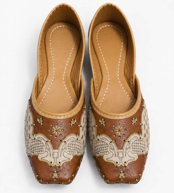 Women's Traditional Brown Punjabi Jutti with Beige Bird Design, Golden Embellishments, Square Toe Ethnic Flat Footwear