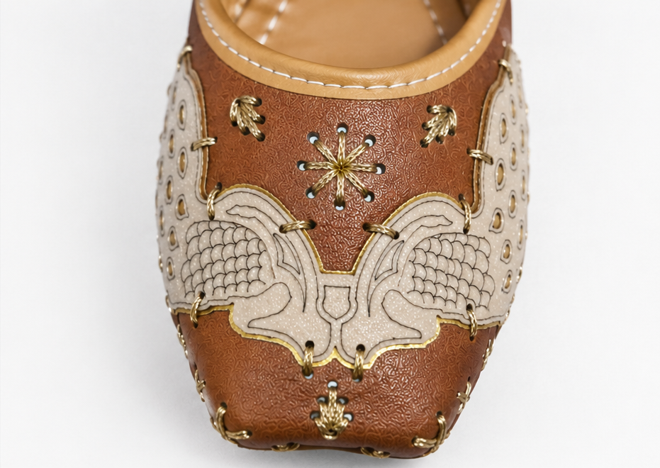 Women's Traditional Brown Punjabi Jutti with Beige Bird Design, Golden Embellishments, Square Toe Ethnic Flat Footwear