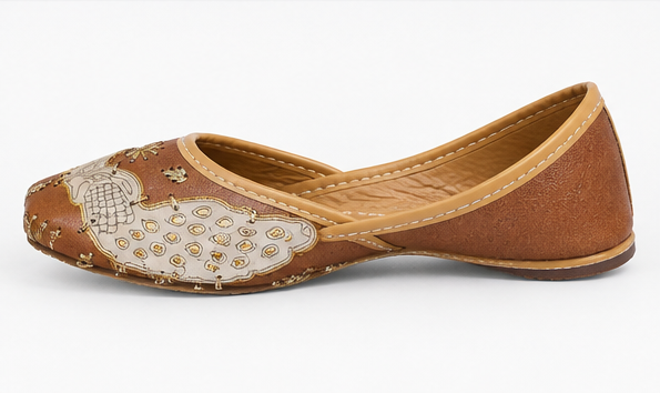 Women's Traditional Brown Punjabi Jutti with Beige Bird Design, Golden Embellishments, Square Toe Ethnic Flat Footwear