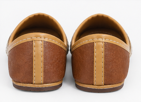 Women's Traditional Brown Punjabi Jutti with Beige Bird Design, Golden Embellishments, Square Toe Ethnic Flat Footwear