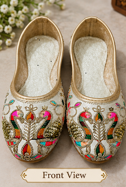 Kids Punjabi Jutti Cream & Golden Multicolor Embroidered