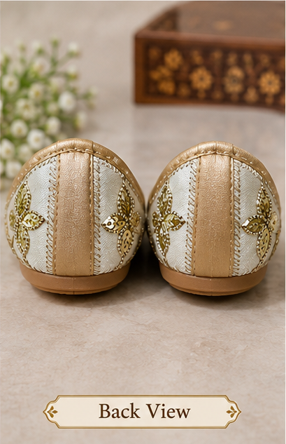 Kids Punjabi Jutti Cream & Golden Multicolor Embroidered