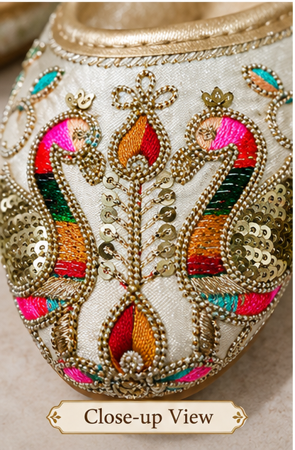 Kids Punjabi Jutti Cream & Golden Multicolor Embroidered