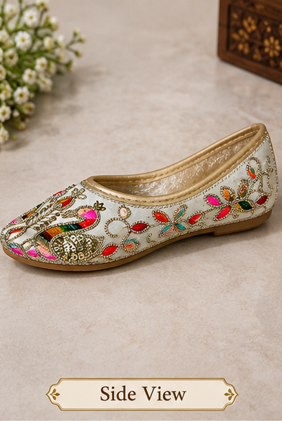 Kids Punjabi Jutti Cream & Golden Multicolor Embroidered