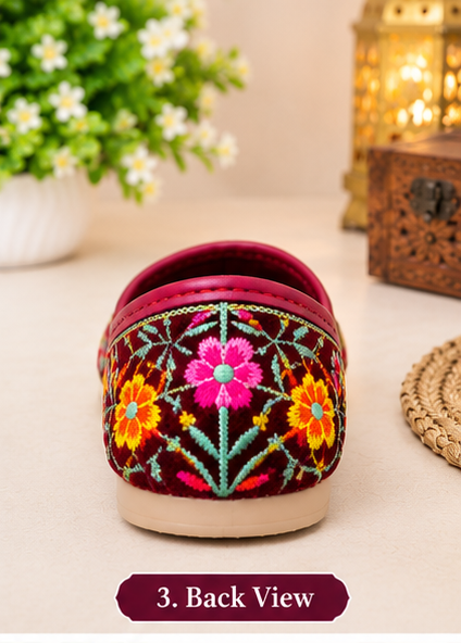 Women's Maroon Velvet Floral Embroidered Punjabi Jutti | Traditional Ethnic Footwear