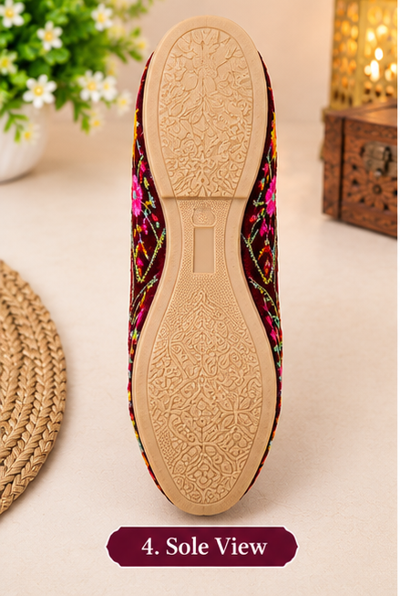 Women's Maroon Velvet Floral Embroidered Punjabi Jutti | Traditional Ethnic Footwear