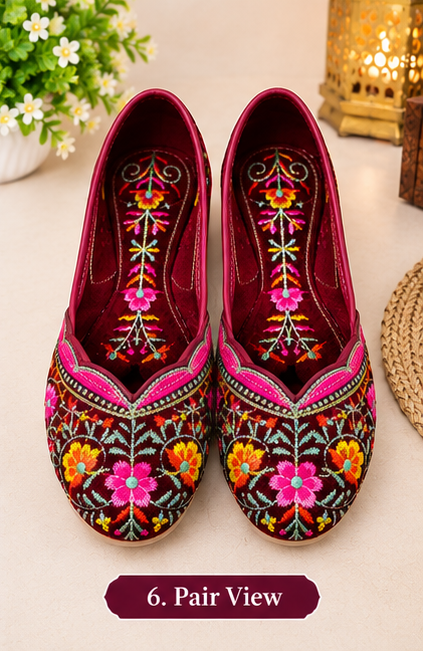 Women's Maroon Velvet Floral Embroidered Punjabi Jutti | Traditional Ethnic Footwear